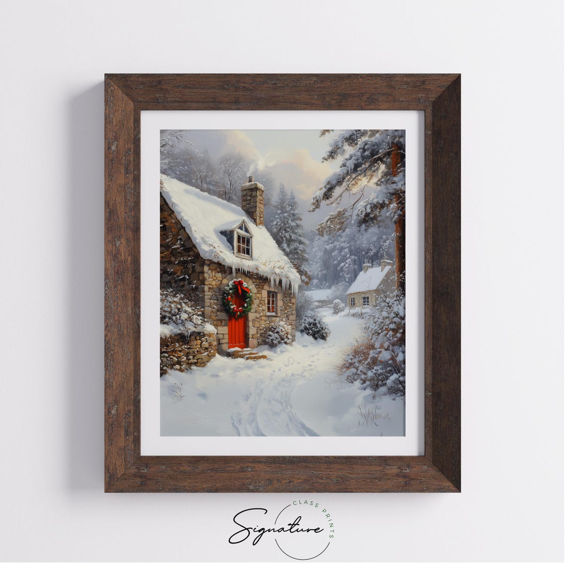 Stone Cottage with Red Door Wreath in a Snowy Winter Forest Poster - Image 3