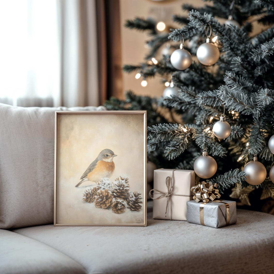 Robin Beside Snow Dust Pinecones Winter Bird Christmas Art Print - Image 5