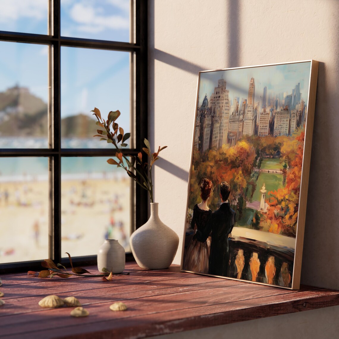 Romantic Couple on a Balcony Overlooking an Autumn City Park Poster - Image 5