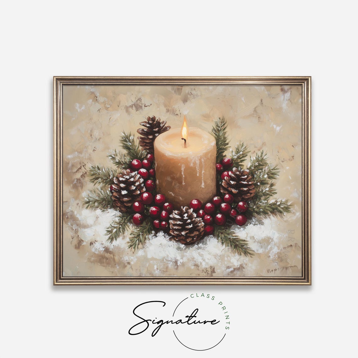Lit Holiday Candle With Cranberries Pinecones Festive Wreath Poster - Image 4