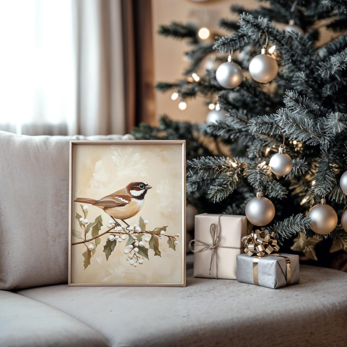 Chickadee on Holly Branch with White Berries Vintage Winter Poster - Image 5
