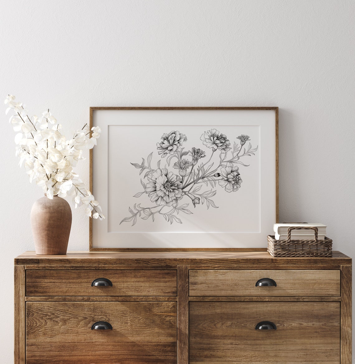 Marigold Cluster Fine Detailed Ink Botanical Line Drawing Poster - Image 3