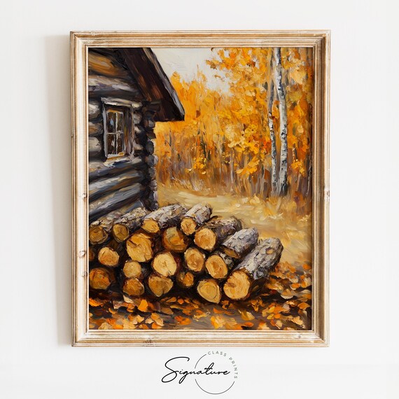 Stacked Firewood Log Cabin Golden Birch Trees Autumn Scene Poster