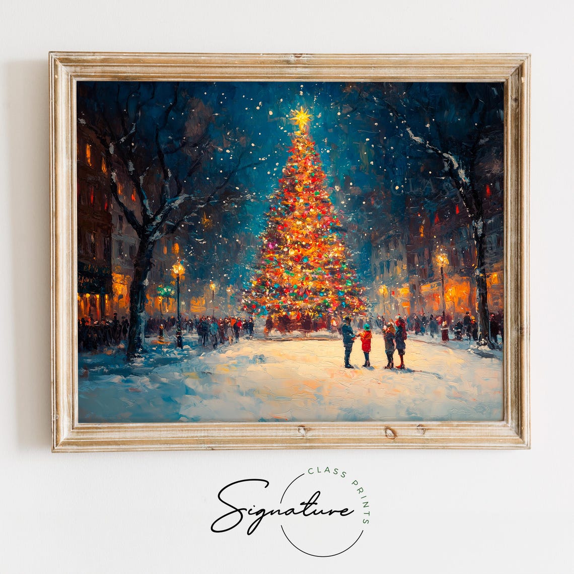 Town Square Christmas Tree Glowing At Night In Falling Snow Poster