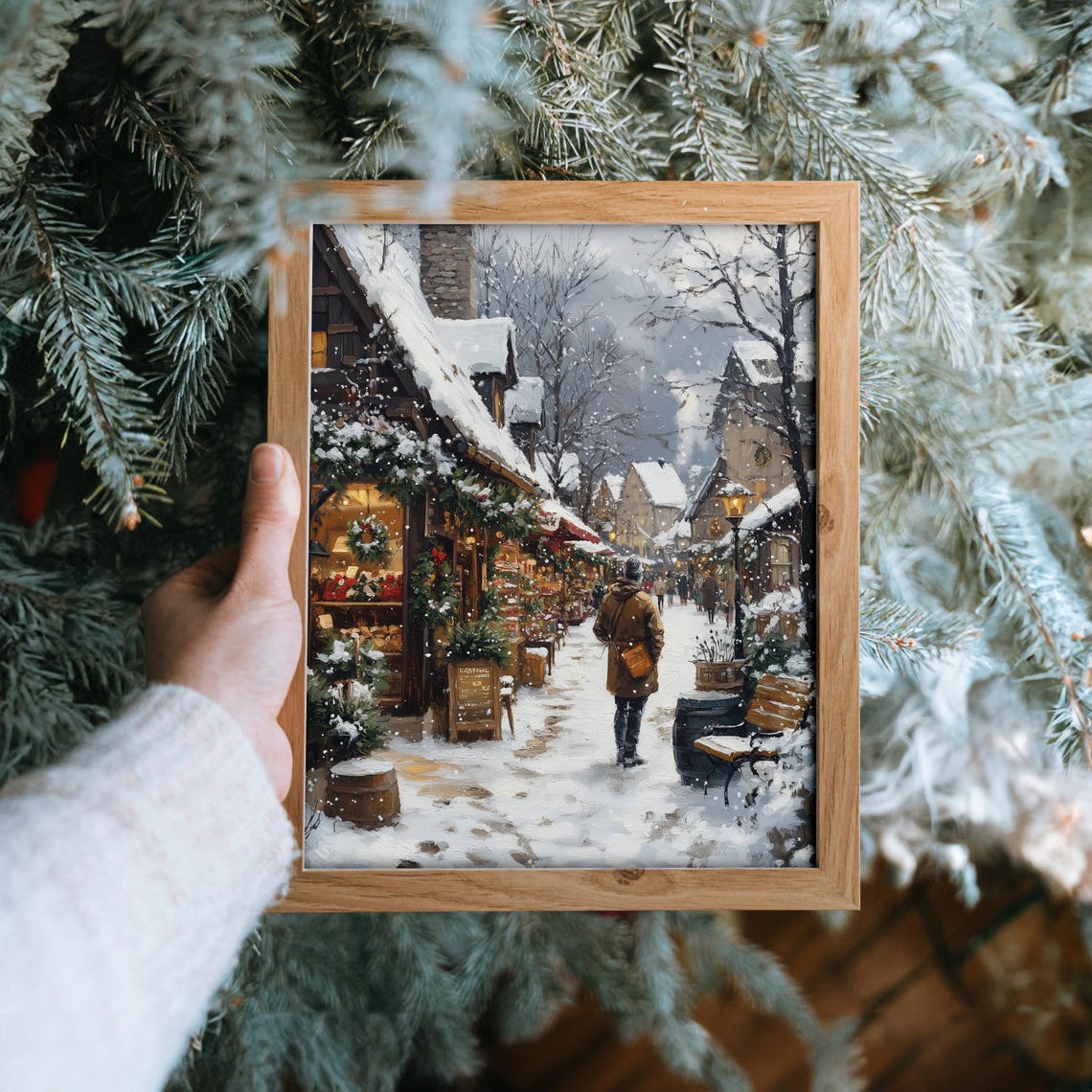 Snowy Christmas Shopping Street with Decorated Stores Holiday Poster - Image 6