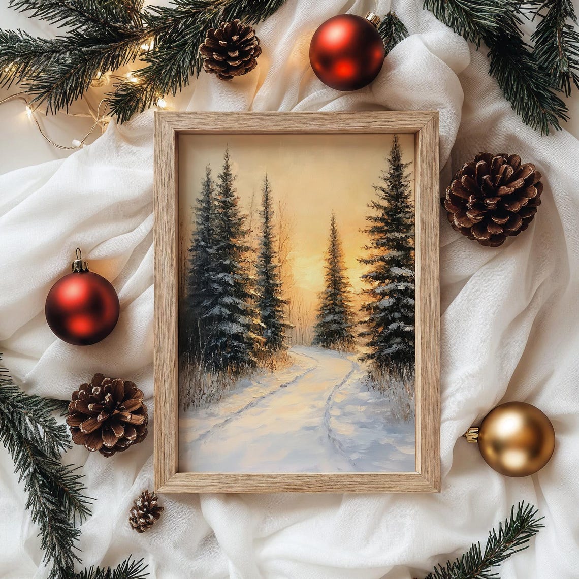 Golden Sunset Over Snowy Pine Forest Path Winter Glow Poster - Image 4