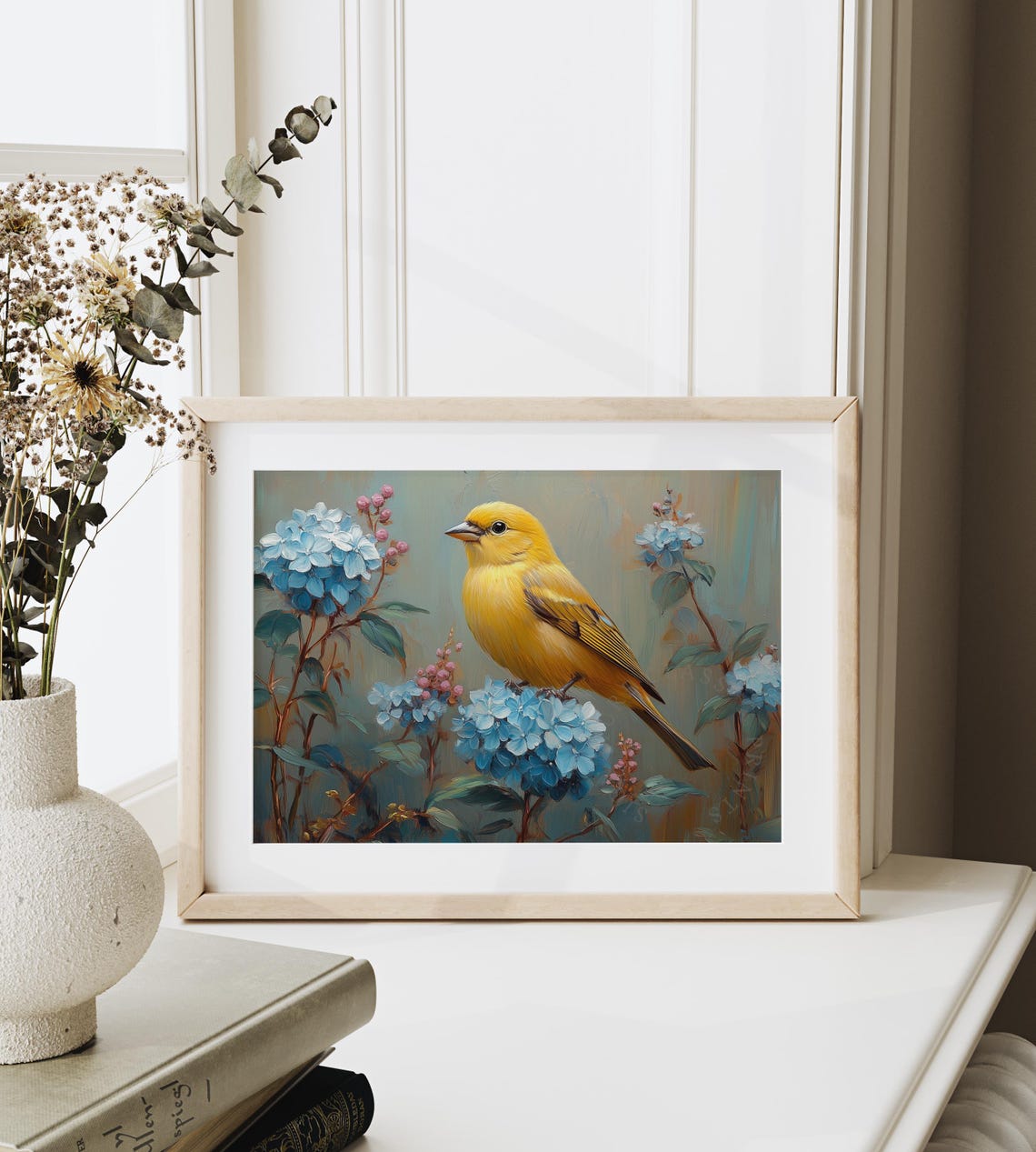 Goldfinch With Powder Blue Hydrangeas Vintage Spring Bird Wall Art - Image 4
