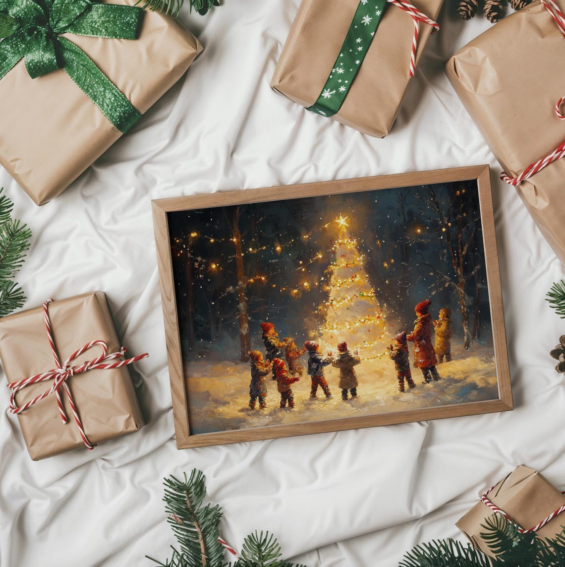 Children Gathering Around A Lit Christmas Tree On A Snowy Night Poster - Image 2