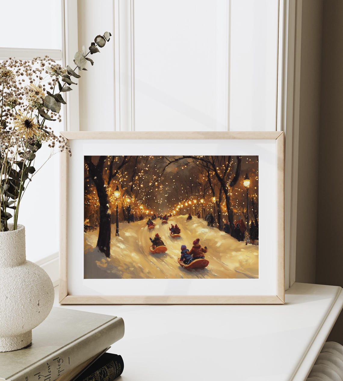 Children Sledding Down A Snowy Hill Under Warm Street Lamps Poster - Image 6
