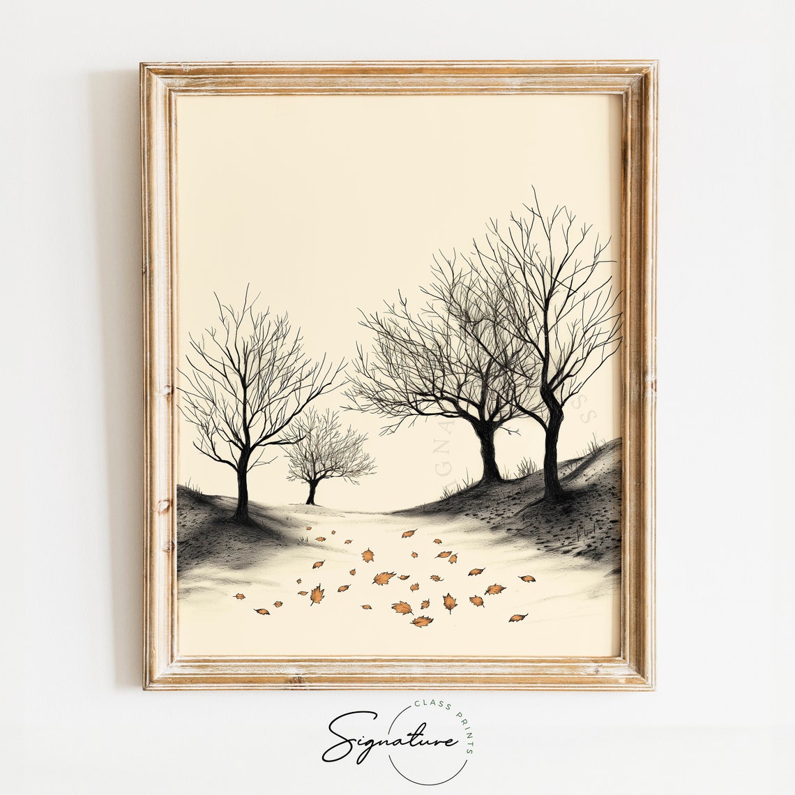 Autumn Orchard With Scattered Orange Leaves Monochrome Sketch Poster