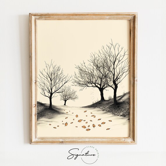 Autumn Orchard With Scattered Orange Leaves Monochrome Sketch Poster