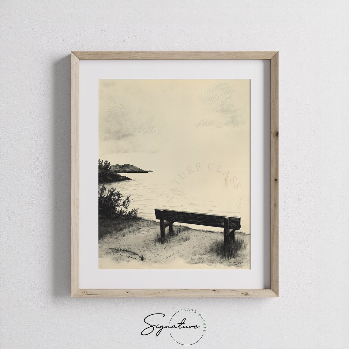 Secluded Cove Bench Overlook Ink Sketch Coastal Calm Minimalist Art Poster - Image 3