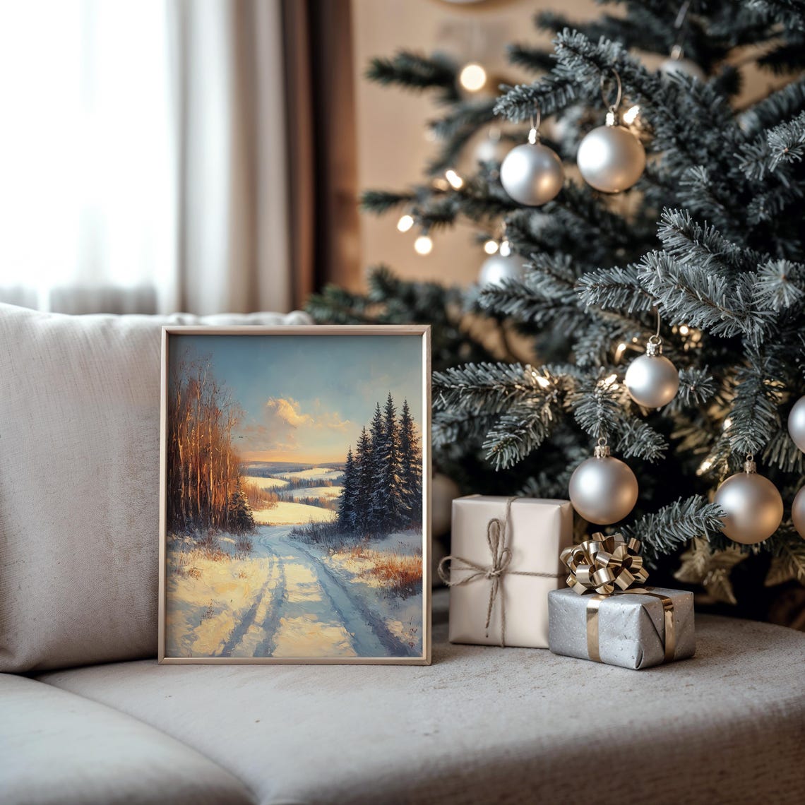 Golden Sunrise over Snowy Forest Road on Winter Morning Poster - Image 5