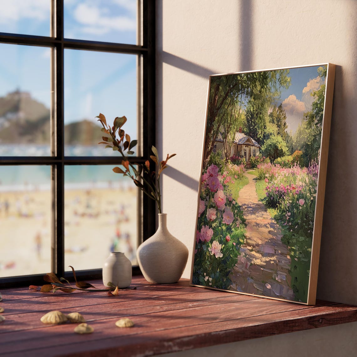 Pink Peony Lined Shady Stone Path to Cottage Summer Garden Poster - Image 3