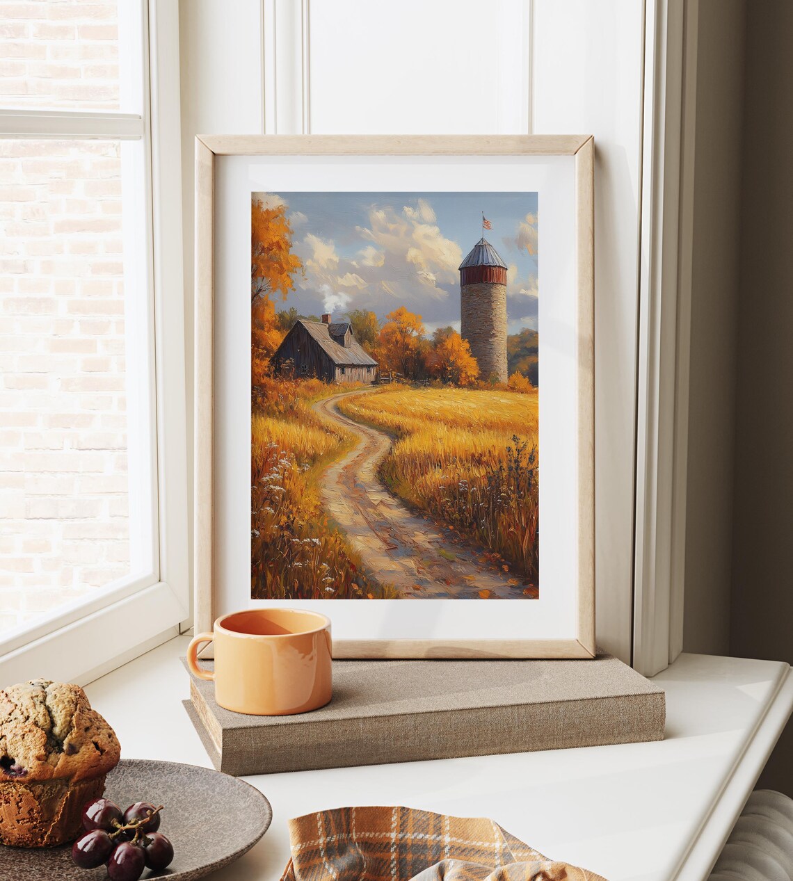 Historic Farm With American Flag Flying Above Silo in Golden Wheat Wall Art - Image 6