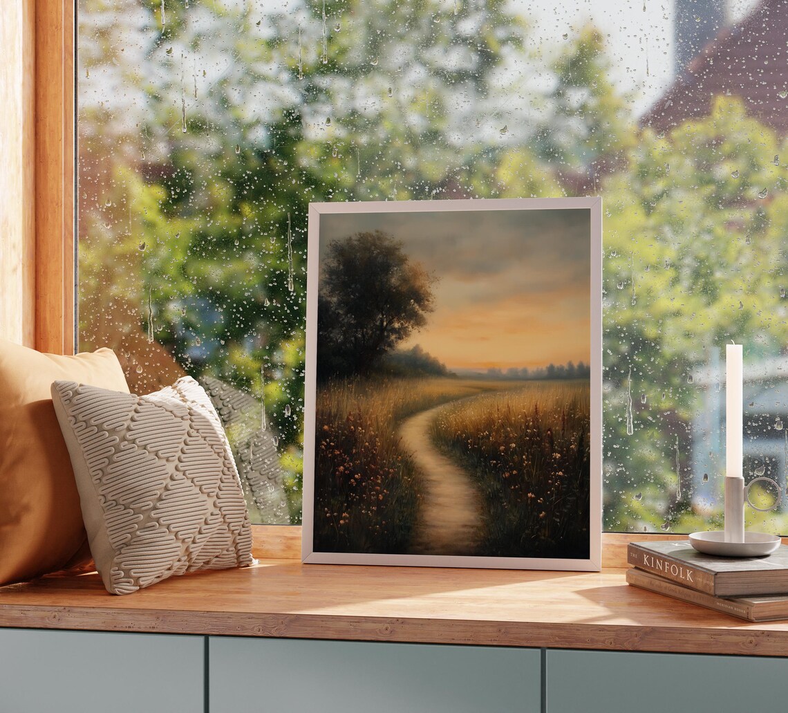 Quiet Country Lane Golden Sunset Light Over Wildflower Field Poster - Image 5