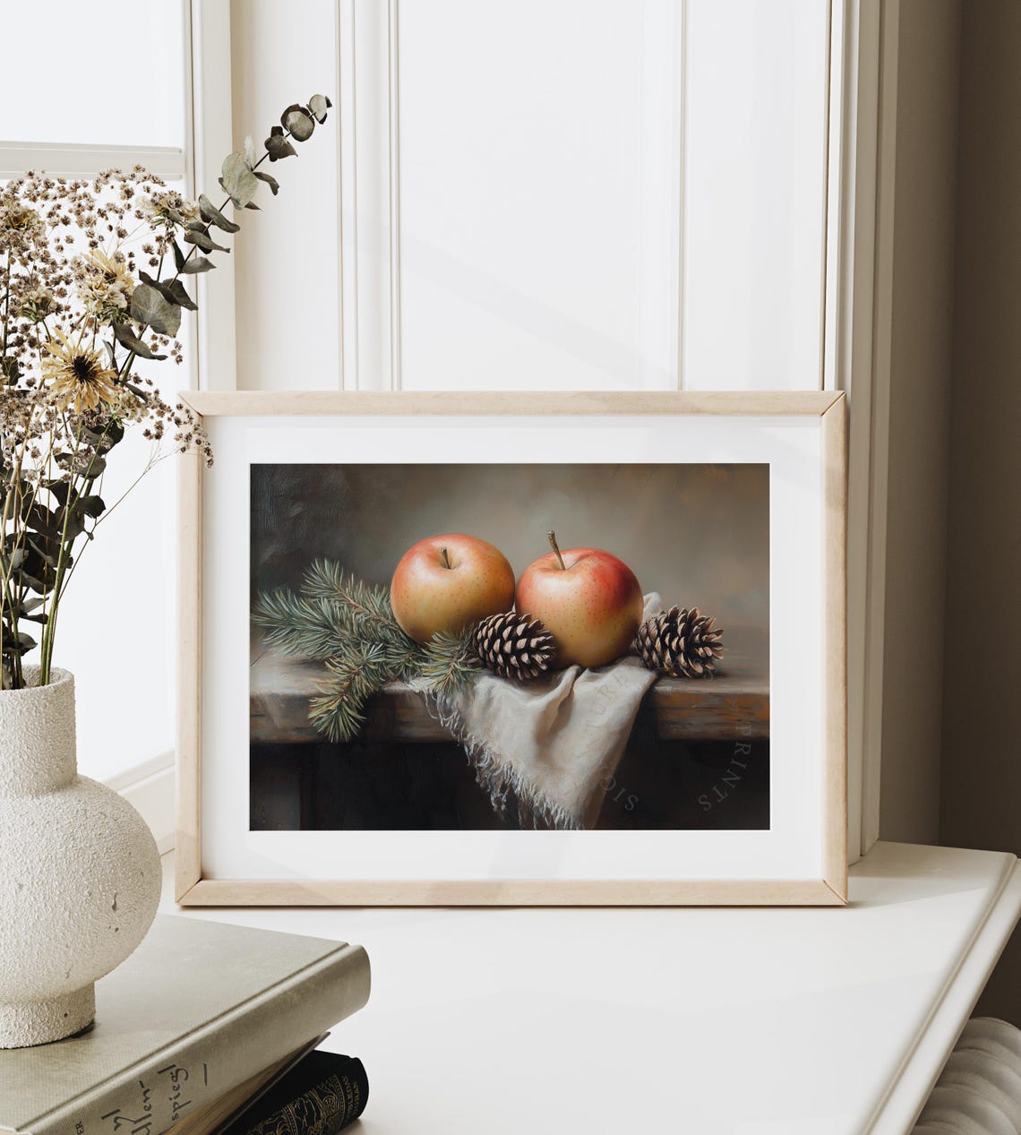 Autumn Apples Pinecones Still Life Oil Painting Rustic Kitchen Poster - Image 6