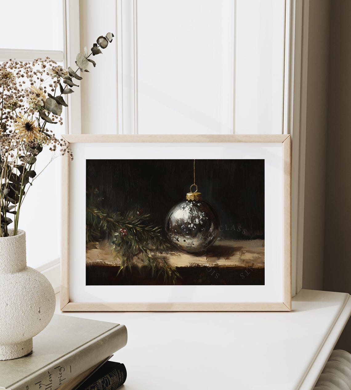 Silver Christmas Ornament Hanging With Pine Sprig Still Life Poster - Image 6
