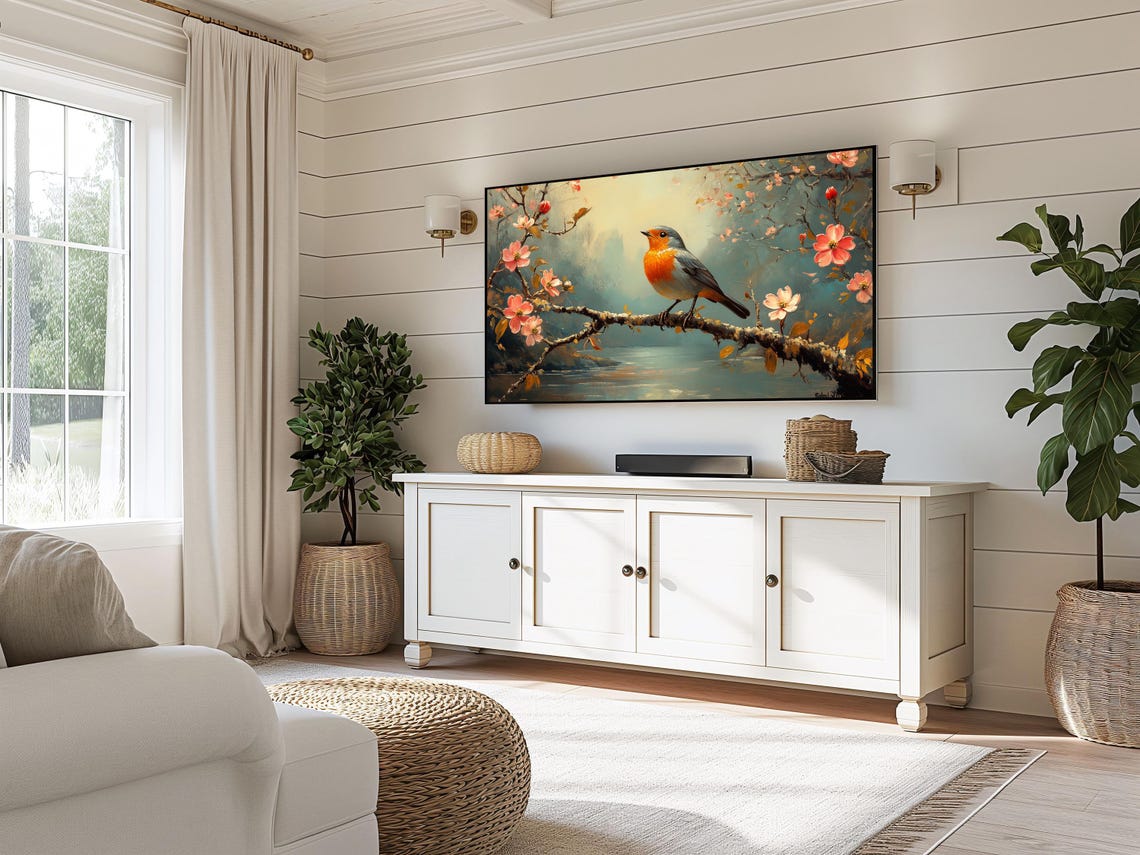 Robin On Flowering Branch Over Misty River Spring Nature Poster - Image 3