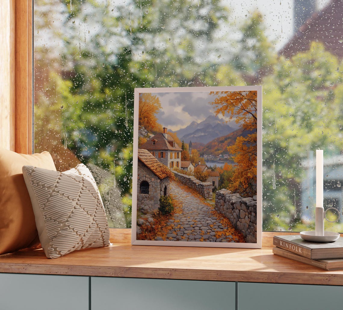 Alpine Autumn Village Cobblestone Lane Mountains Lake View Poster - Image 2