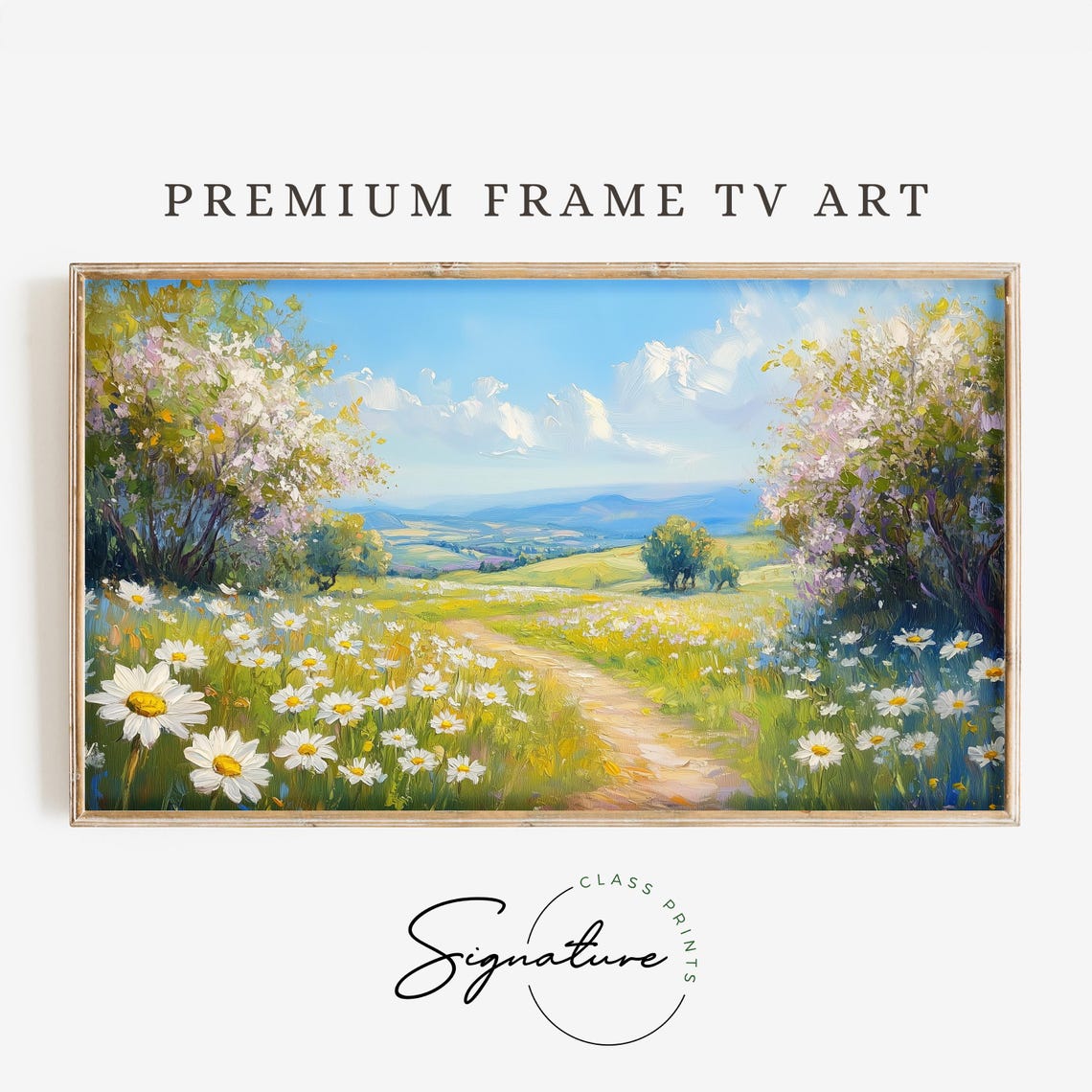 Daisy Meadow Path Lined With Blossom Trees Bright Frame TV Wall Art