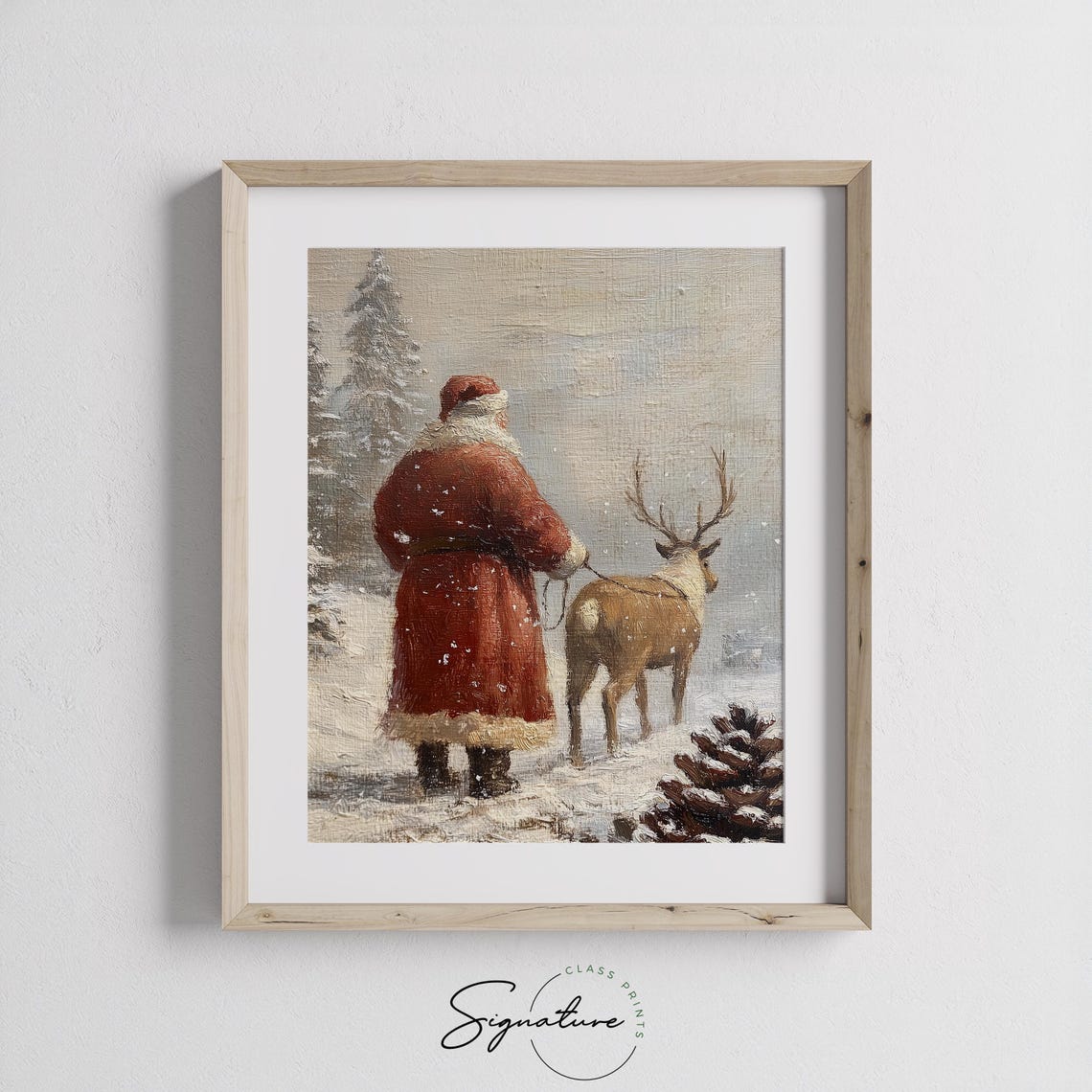 Santa Claus Walking Away With a Reindeer Through Falling Snow Poster - Image 2