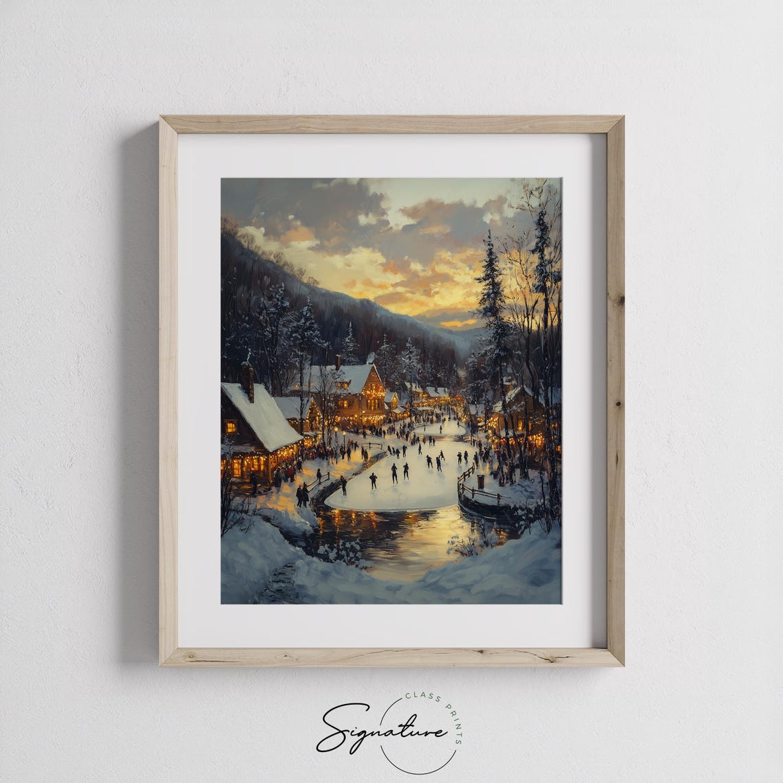 Snowy Village Pond with Skaters at Sunset near Cottages Poster - Image 2