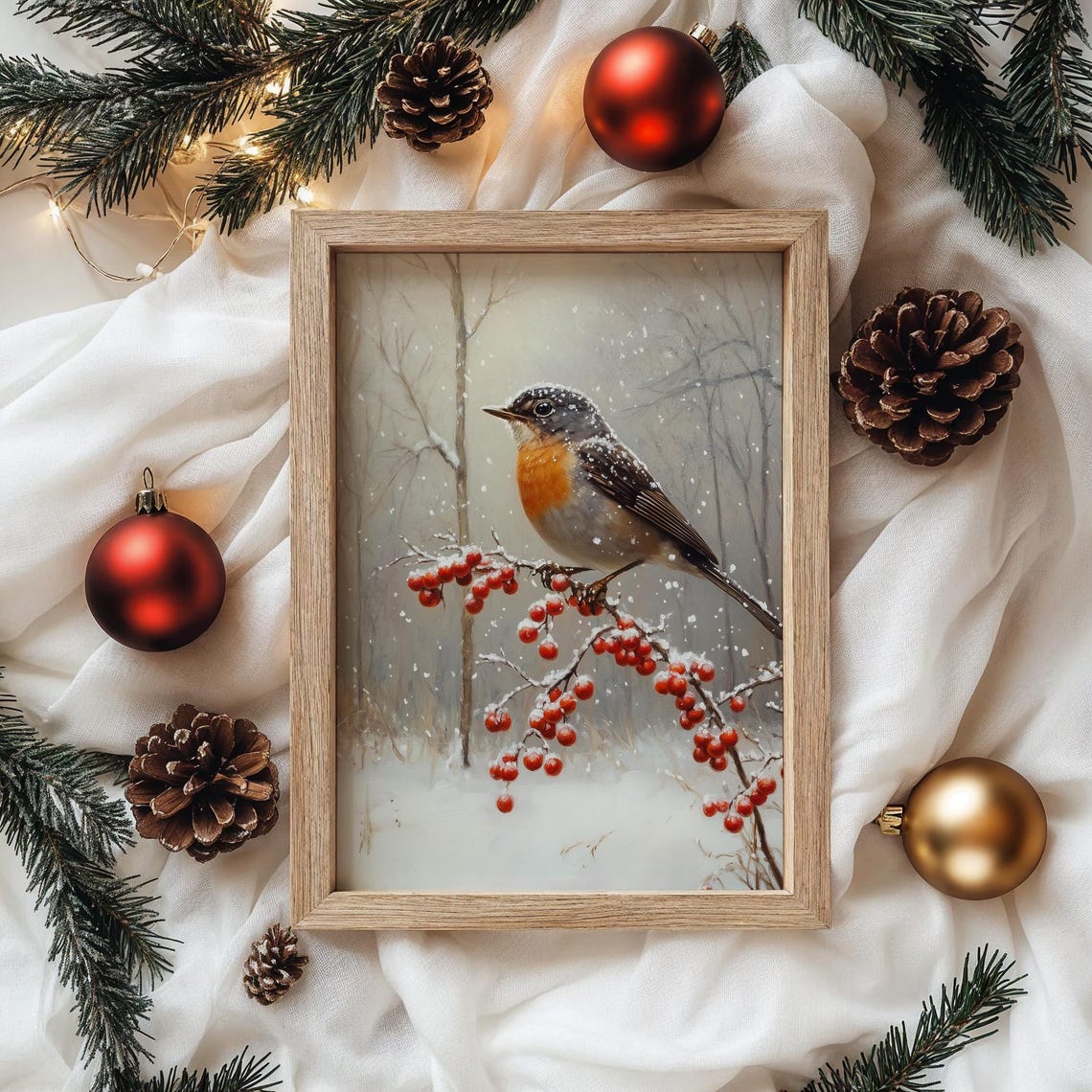 Robin On Frosty Berry Branch In Falling Snow Winter Art Poster - Image 4
