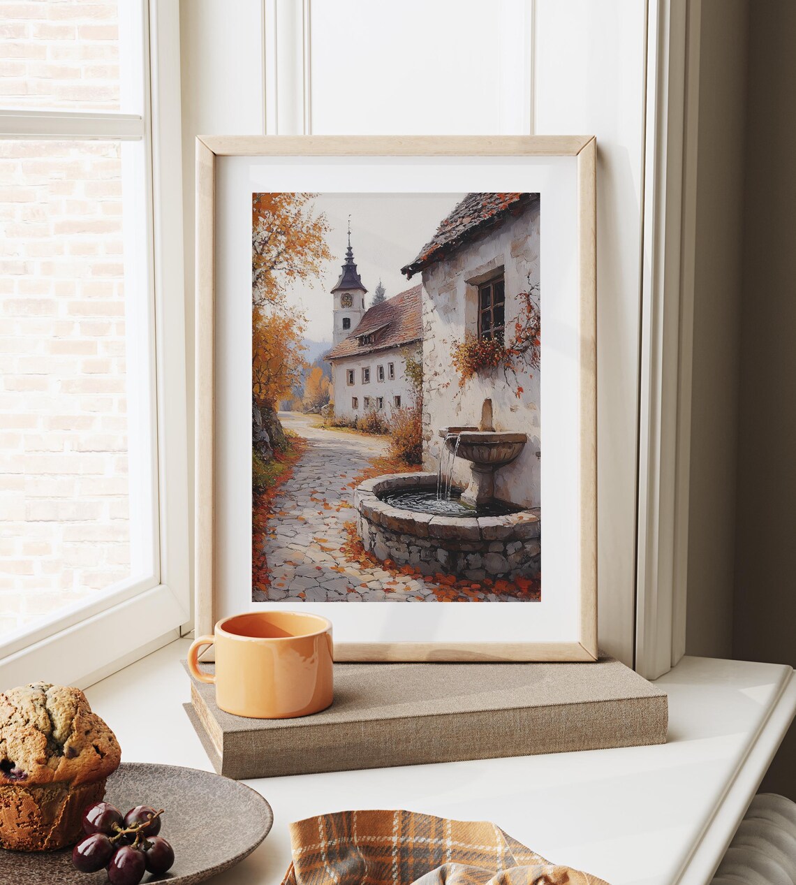 Old European Street With Stone Fountain and Clock Tower in Autumn Wall Art - Image 6