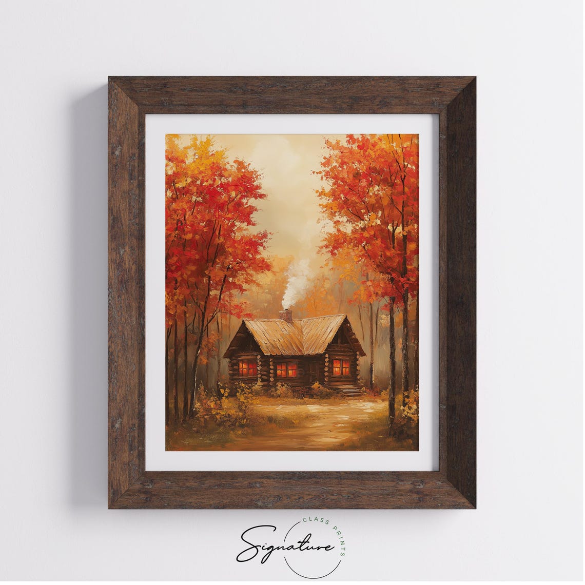 Log Cabin Red Autumn Forest Glowing Windows Fall Woods Poster - Image 4