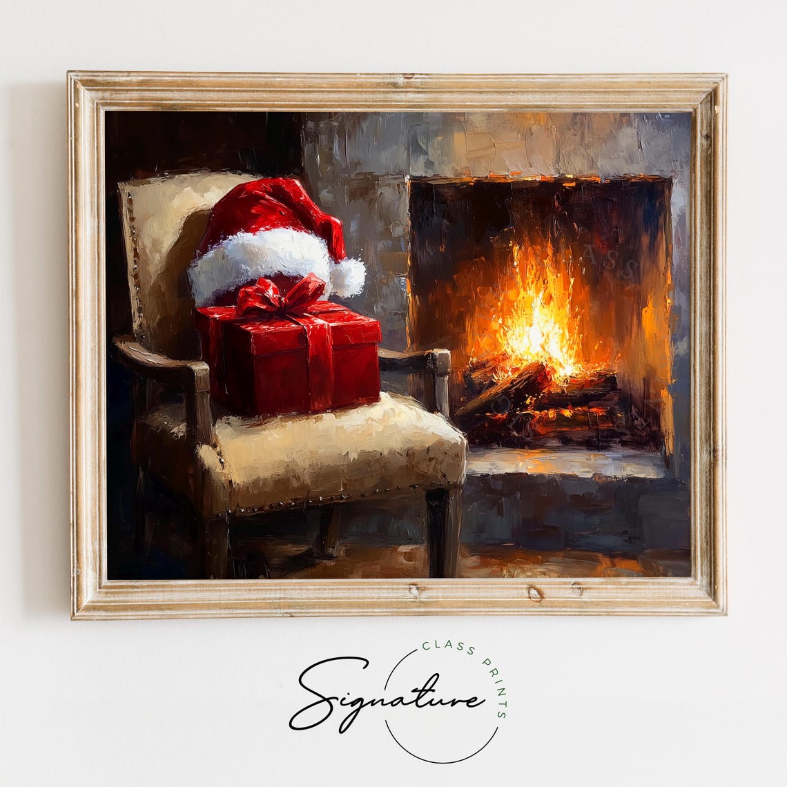 Santa Hat And Red Gift Box On Chair By A Glowing Fireplace Poster