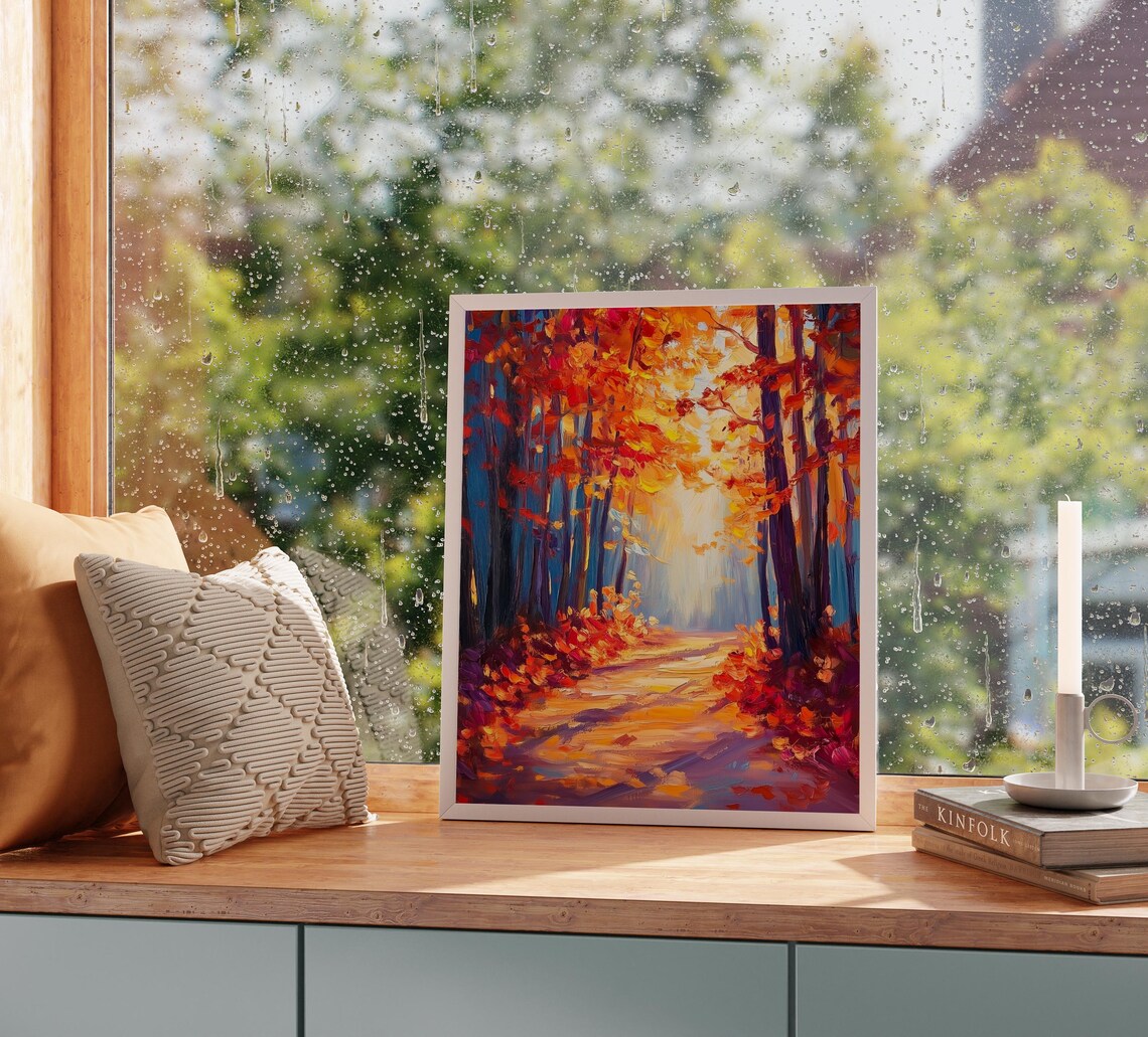 Blazing Red Autumn Forest Path with Light Breaking Through Trees Poster - Image 2