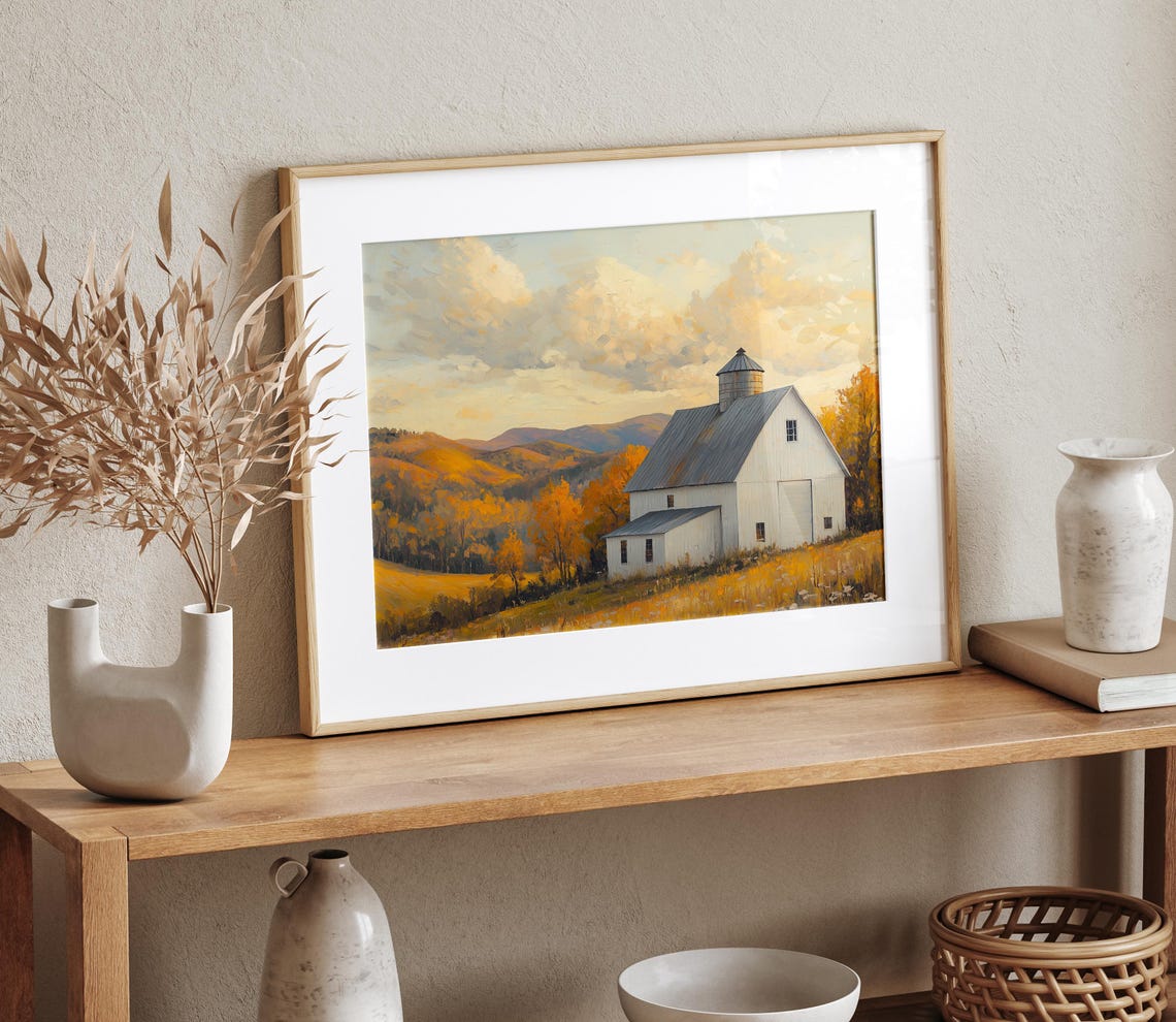 White Barn with Silo Over Golden Autumn Hills at Sunset Poster - Image 4