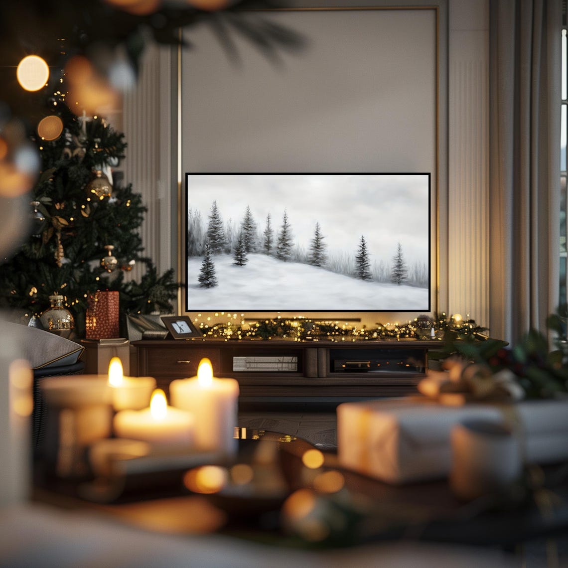 Snow Dusted Evergreen Forest Misty Winter Landscape Art Poster - Image 6