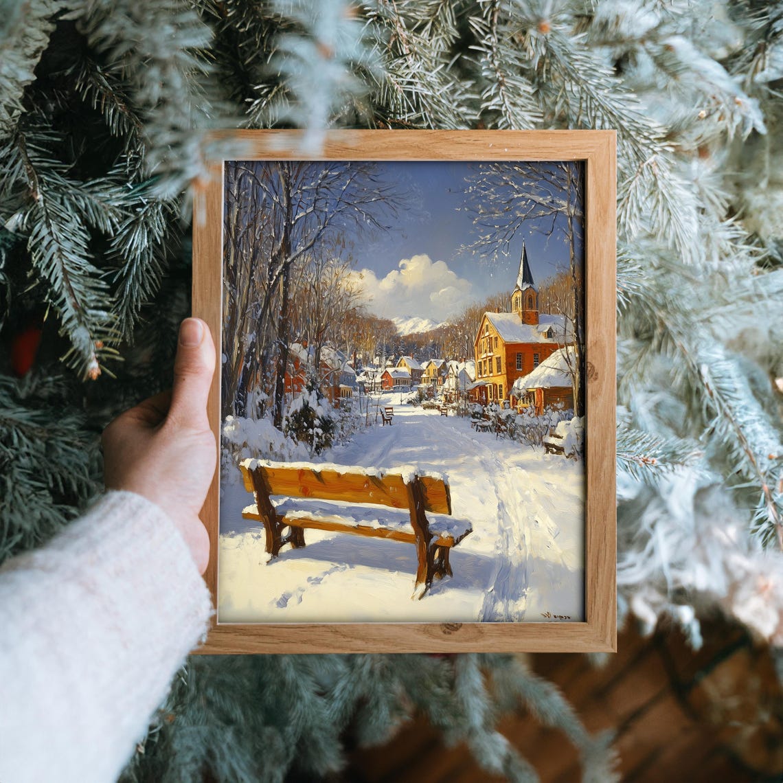 Sunny Snowy Village Street With Church And Bench Winter Scene Poster - Image 6