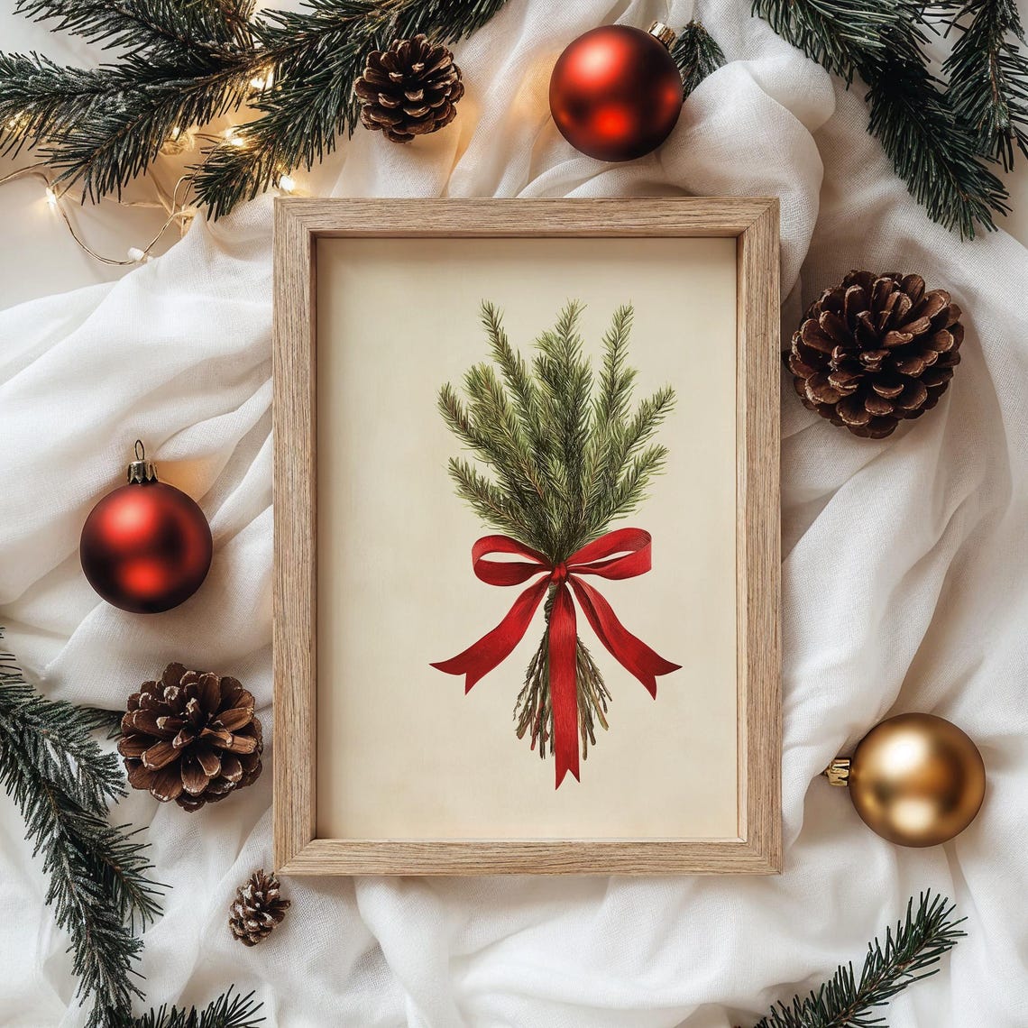 Pine Sprigs Red Bow Minimalist Christmas Greenery Botanical Art Poster - Image 4
