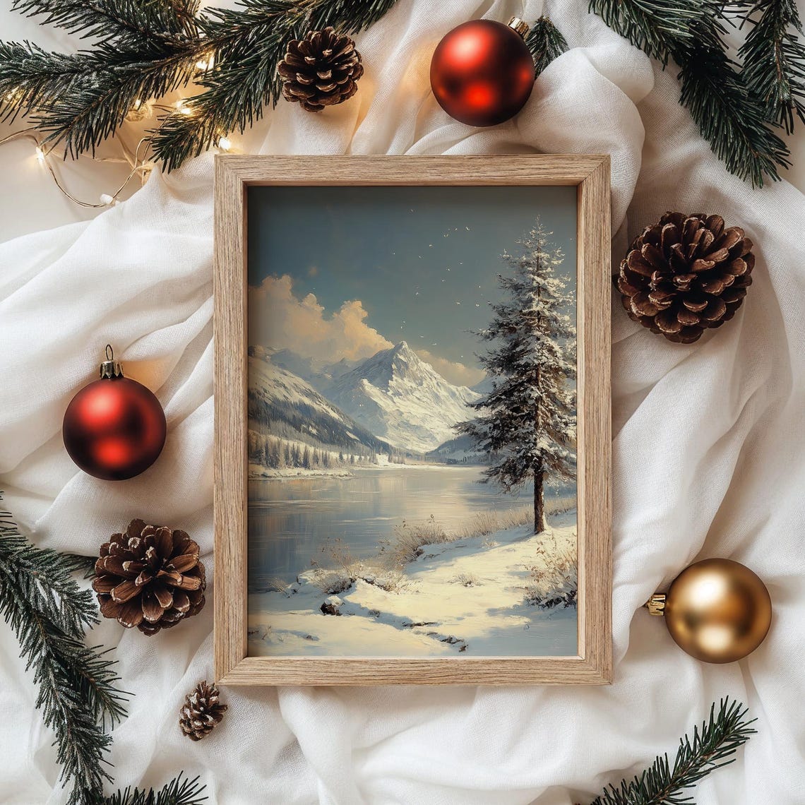 Snowy Mountain Lake With Lone Pine Tree And Peaks Winter Wall Art - Image 4