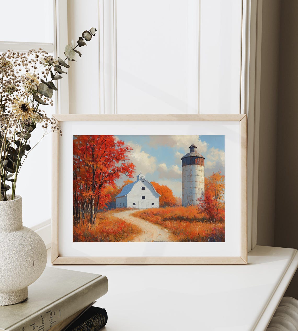 White Barn And Silo Surrounded By Fiery Red Autumn Trees Poster - Image 6