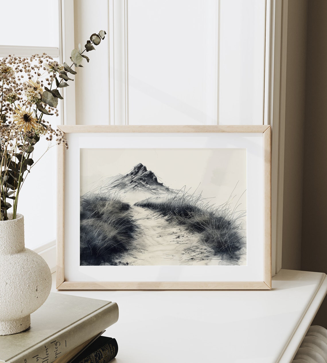 Mountain Trail Through Grasses Black Ink Wash Landscape Poster - Image 6