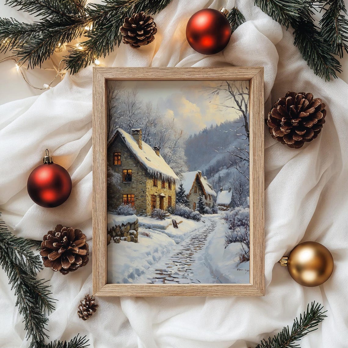 Glowing Stone Cottages on Snowy Village Path Winter Scene Poster - Image 4