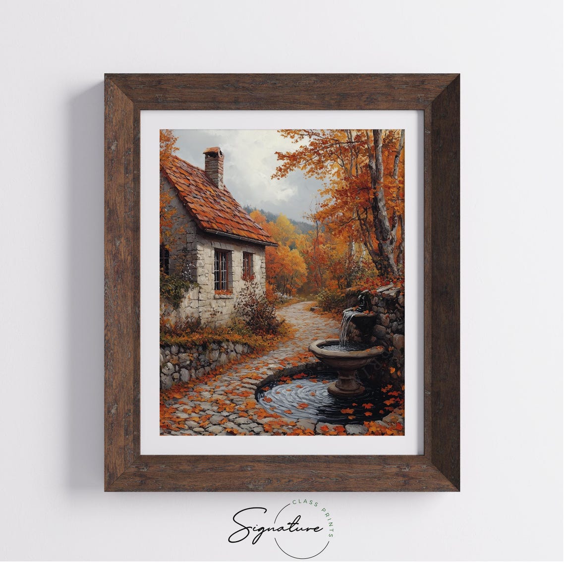 Stone Cottage Red Tile Roof Fountain Autumn Leafy Lane Print - Image 4