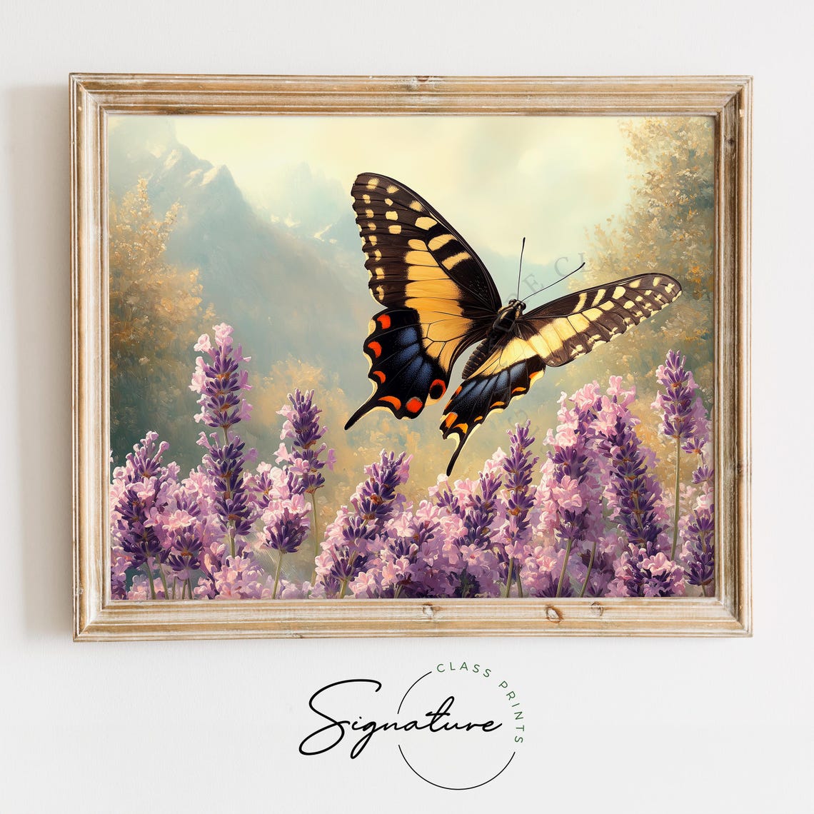 Tiger Swallowtail Butterfly Over Lavender Field Mountains Poster