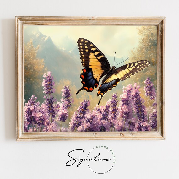 Tiger Swallowtail Butterfly Over Lavender Field Mountains Poster