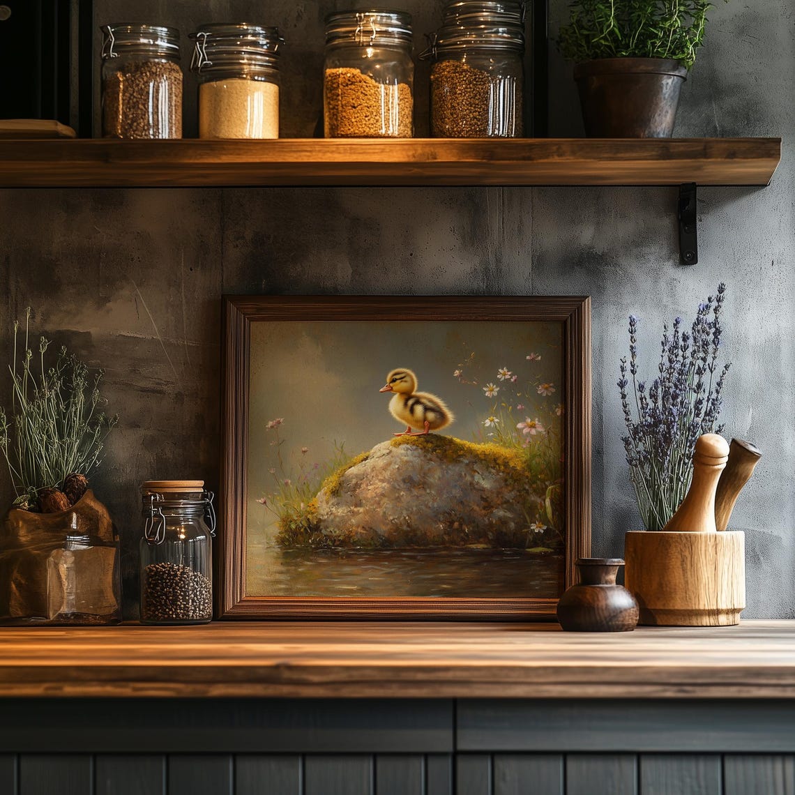 Duckling on Mossy Rock by Wildflower Pond Spring Nature Poster - Image 2