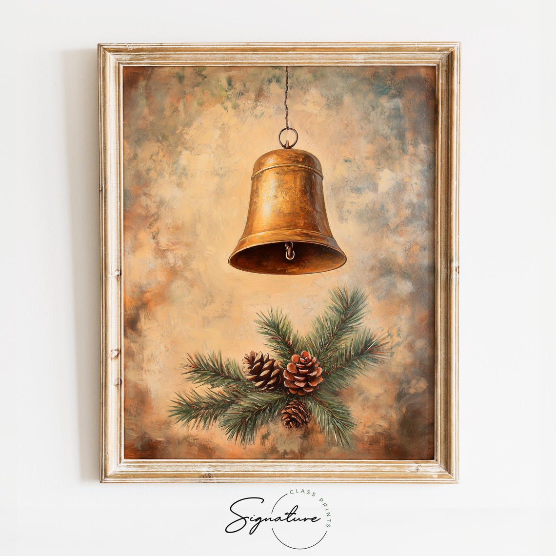 Antique Golden Bell Hanging Above Pine Sprigs and Pinecones Poster