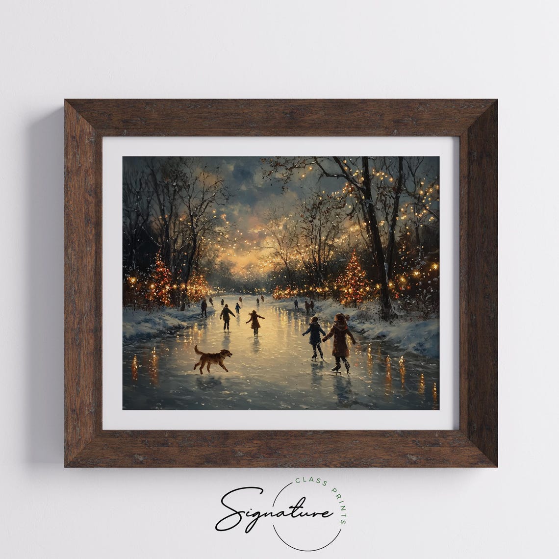 Children And A Dog Skating On A Frozen Lake At Dusk Lights Poster - Image 5