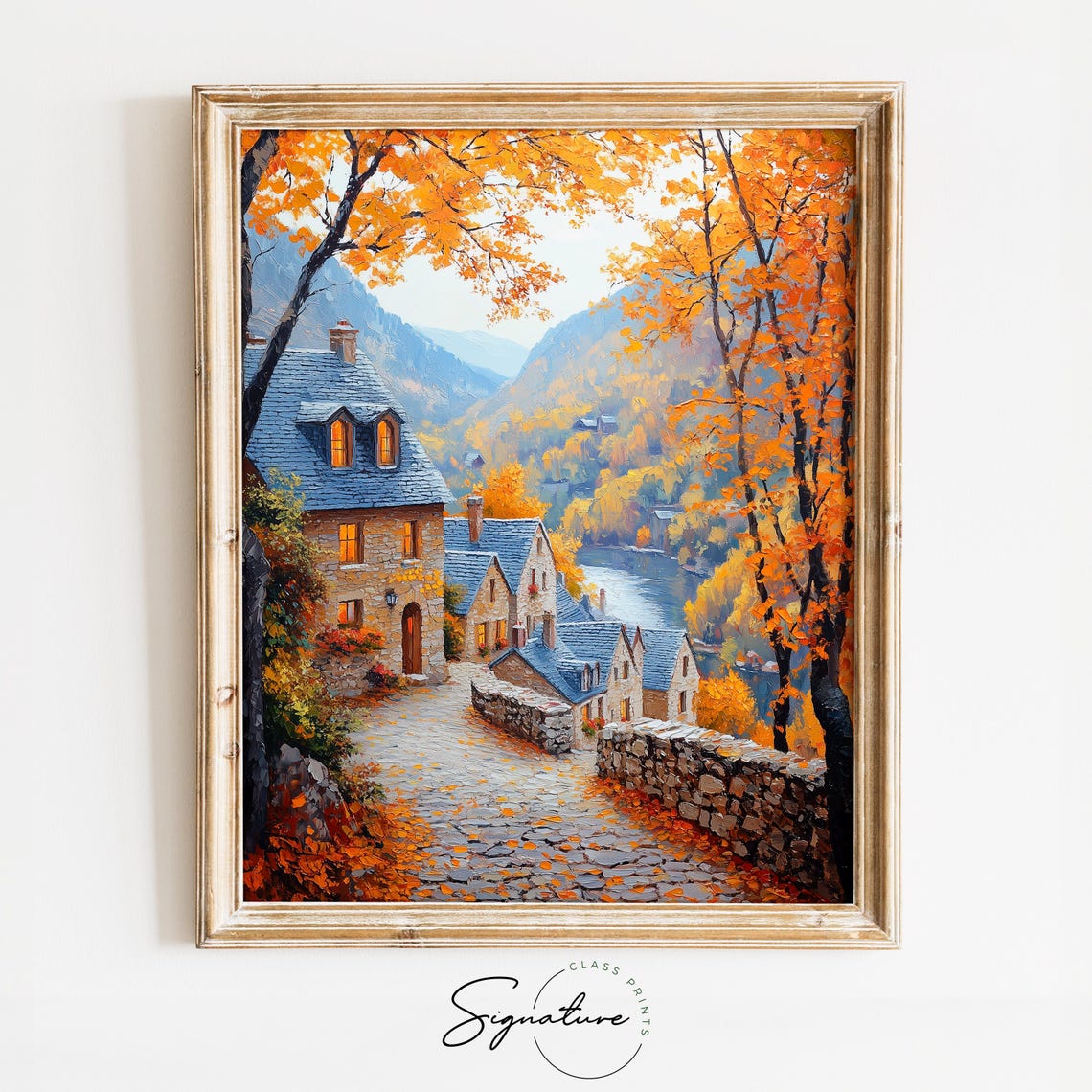 Autumn Riverside Village Evening Lights Stone Cottages River Poster