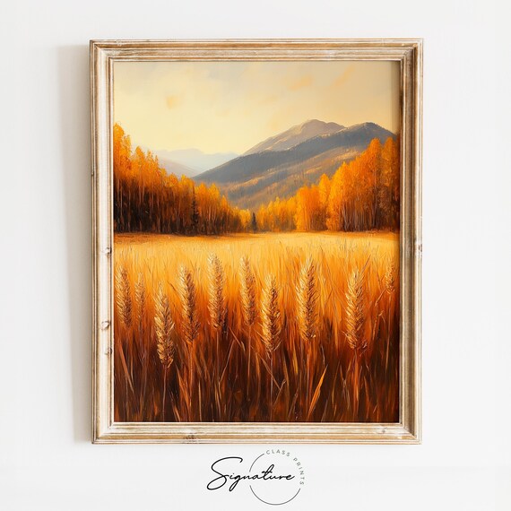 Golden Wheat Stalks Swaying Before Distant Mountains in Autumn Wall Art