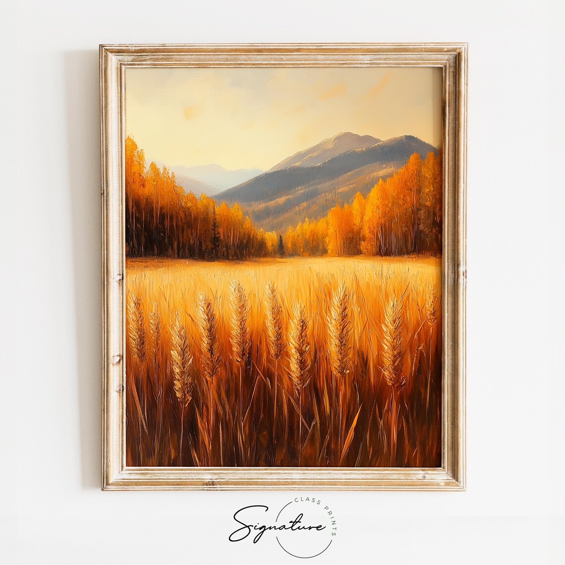 Golden Wheat Stalks Swaying Before Distant Mountains in Autumn Wall Art