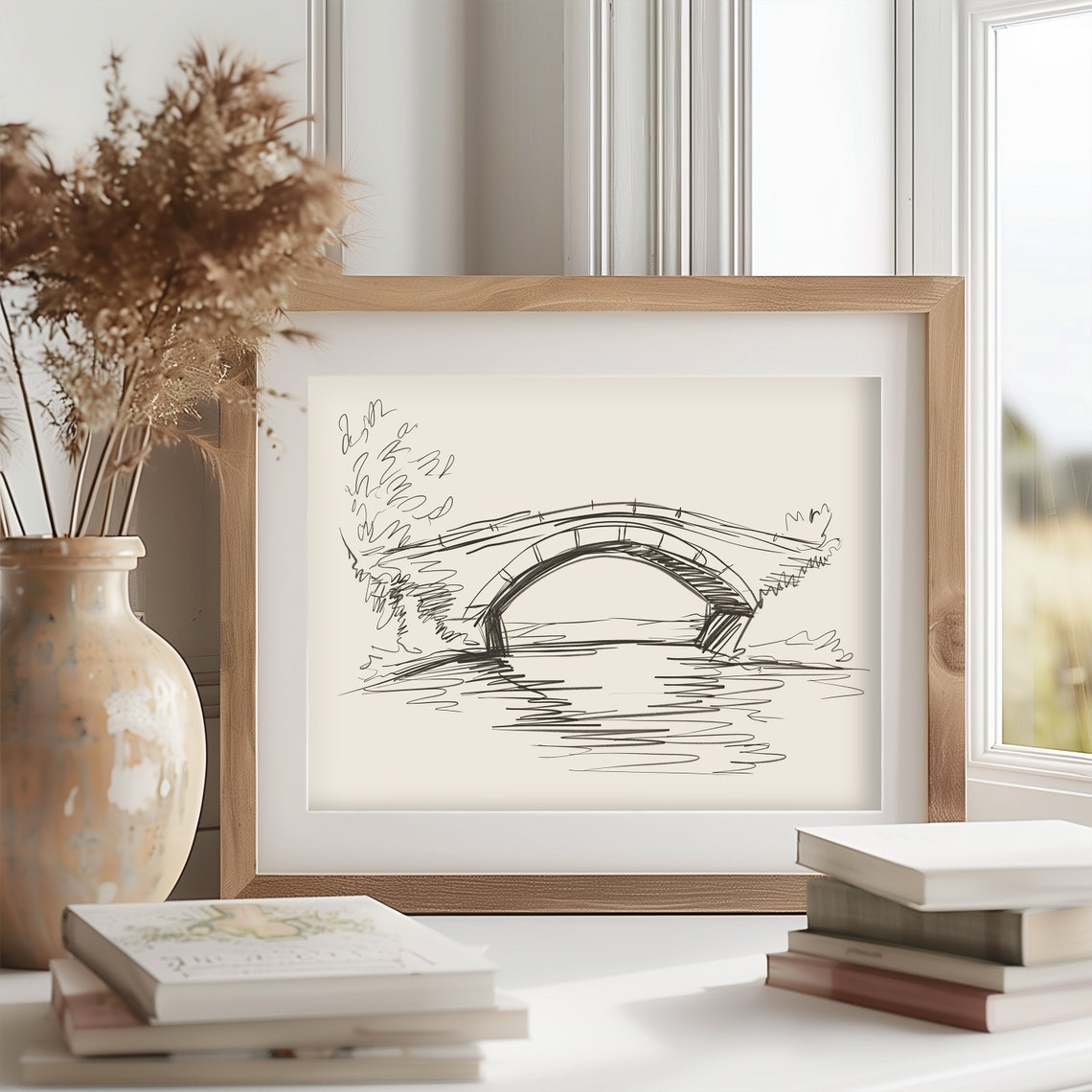 Stone Bridge Over Calm River Quick Ink Sketch Rural Poster Art - Image 2